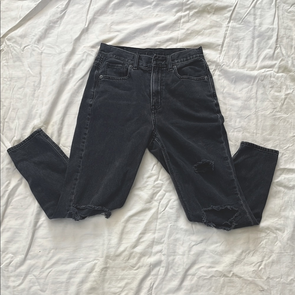 American Eagle Jeans Women's 00 X-Short Black Denim Hi-Rise Mom Straight Leg